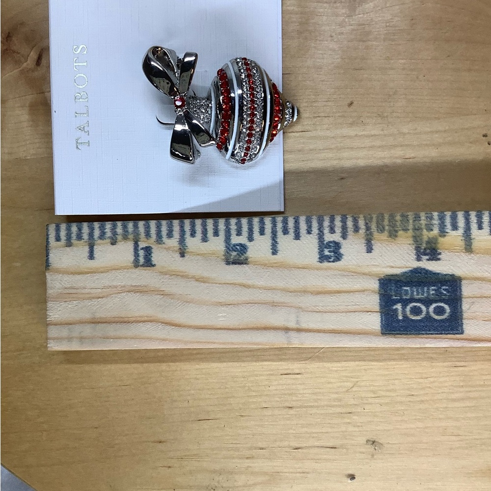 Silver Tone Talbots Bow Ornament Brooch With Red, Clear Rhinestones New Vintage - Picture 2 of 6